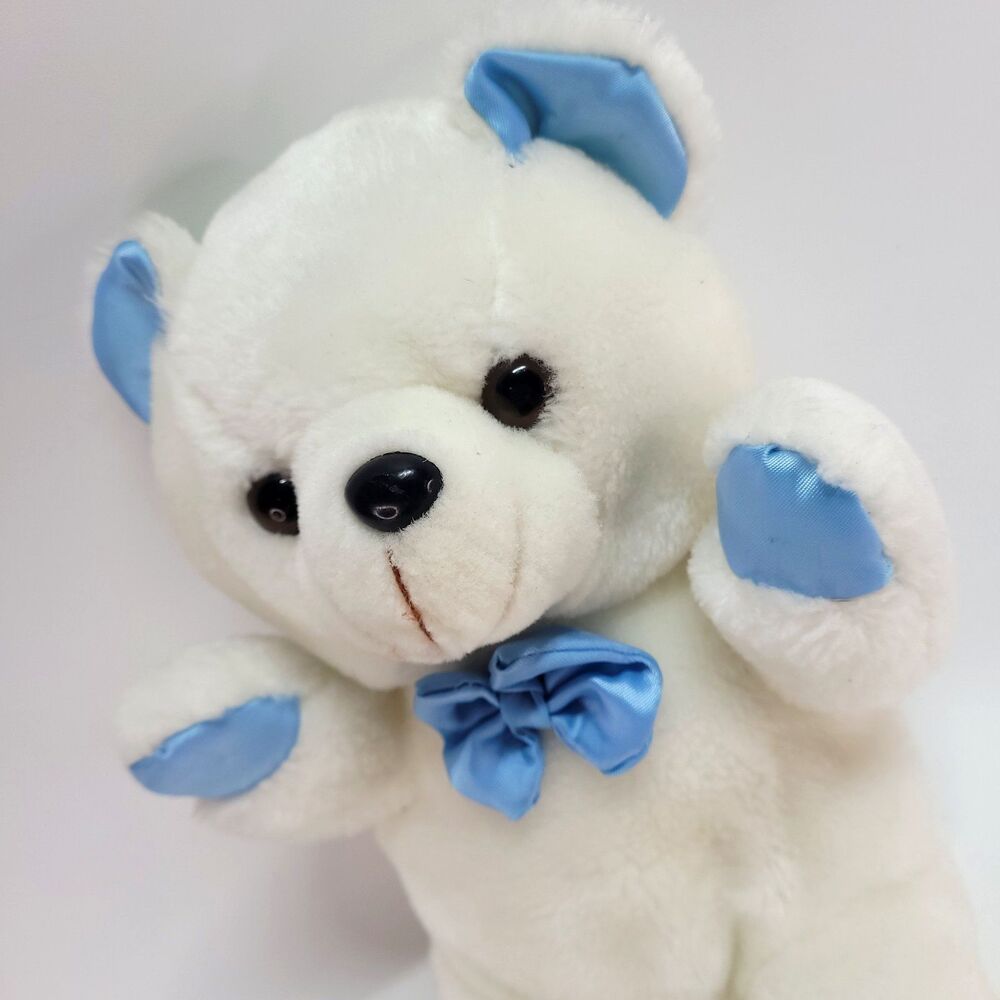 Vtg Teddy Bear Satin Feet Paws Plush 12" White & Blue Boy Baby's First silky